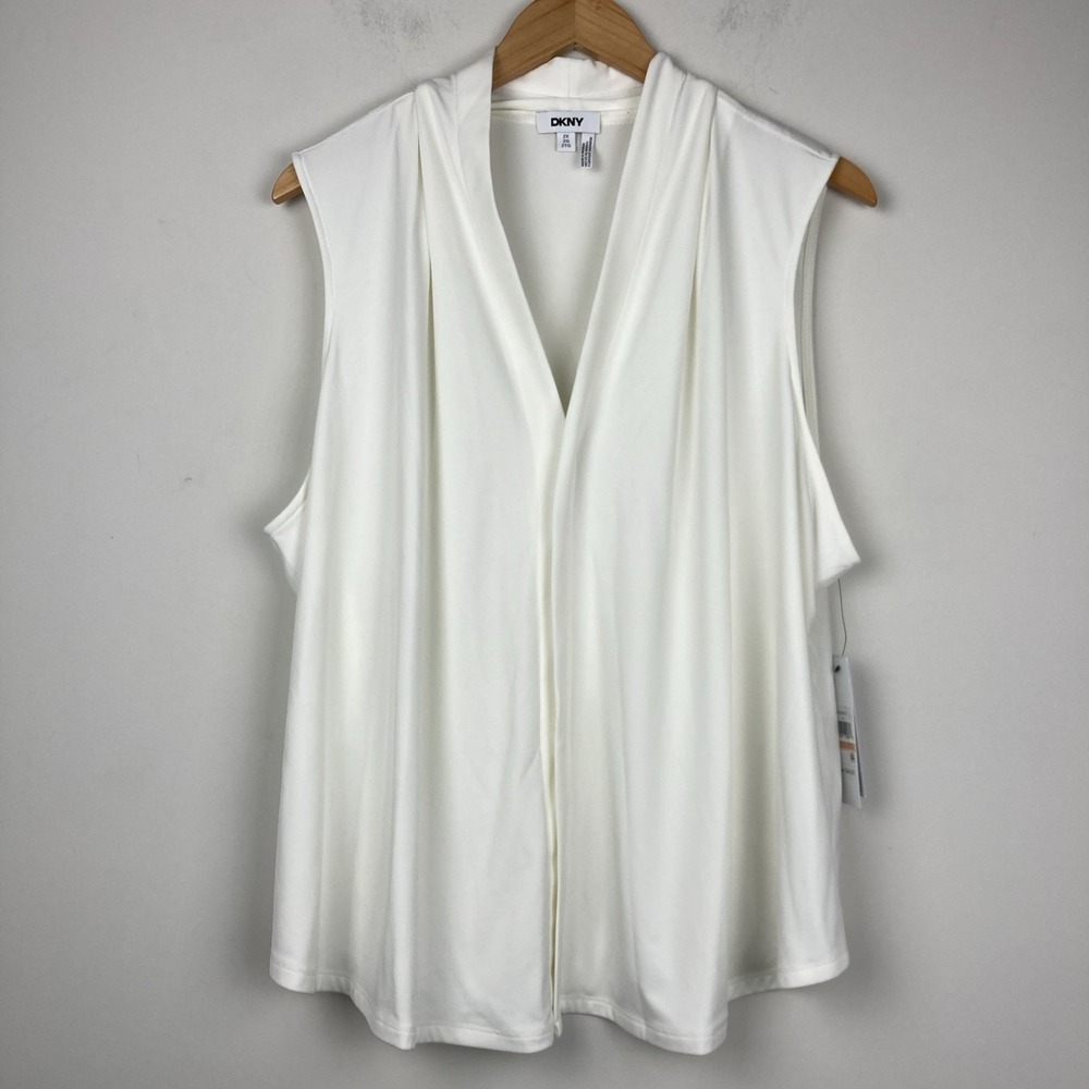 DKNY Womens Sleeveless White Draped Wrap Blouse Top Career Office Sz XXL